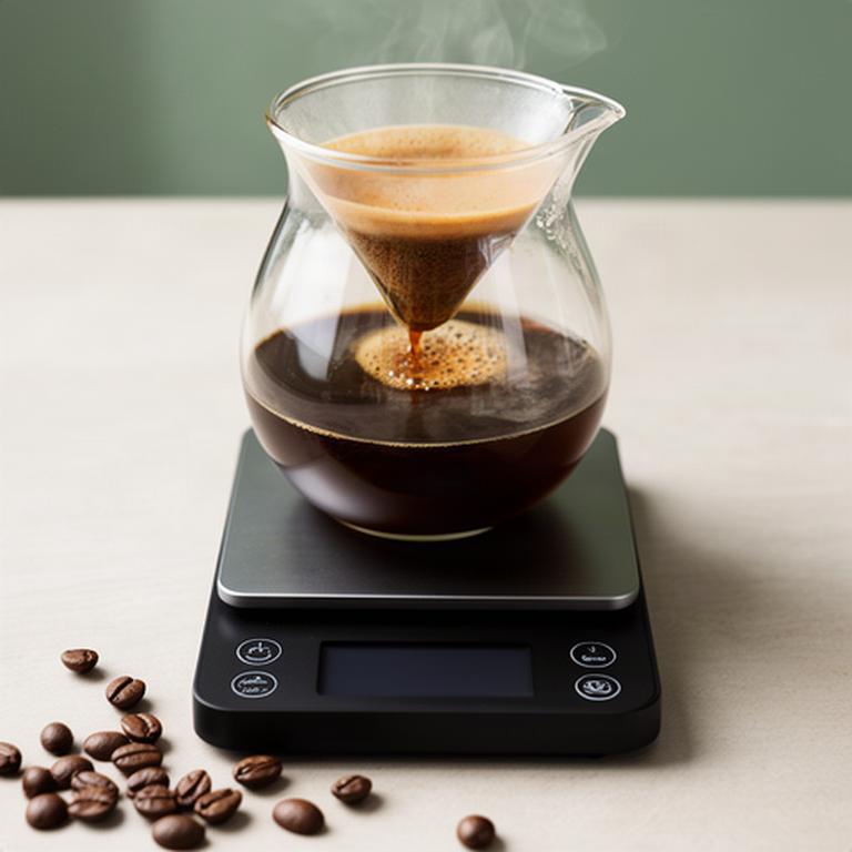 Digitale Kaffeewaage mit Waageanzeige unter einer Filterkaffeekanne