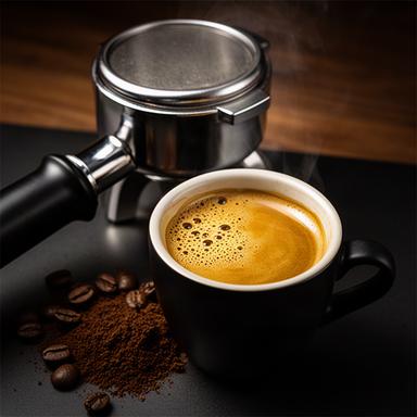 Siebträger mit frisch extrahiertem Espresso und dichter Crema neben einer Tasse