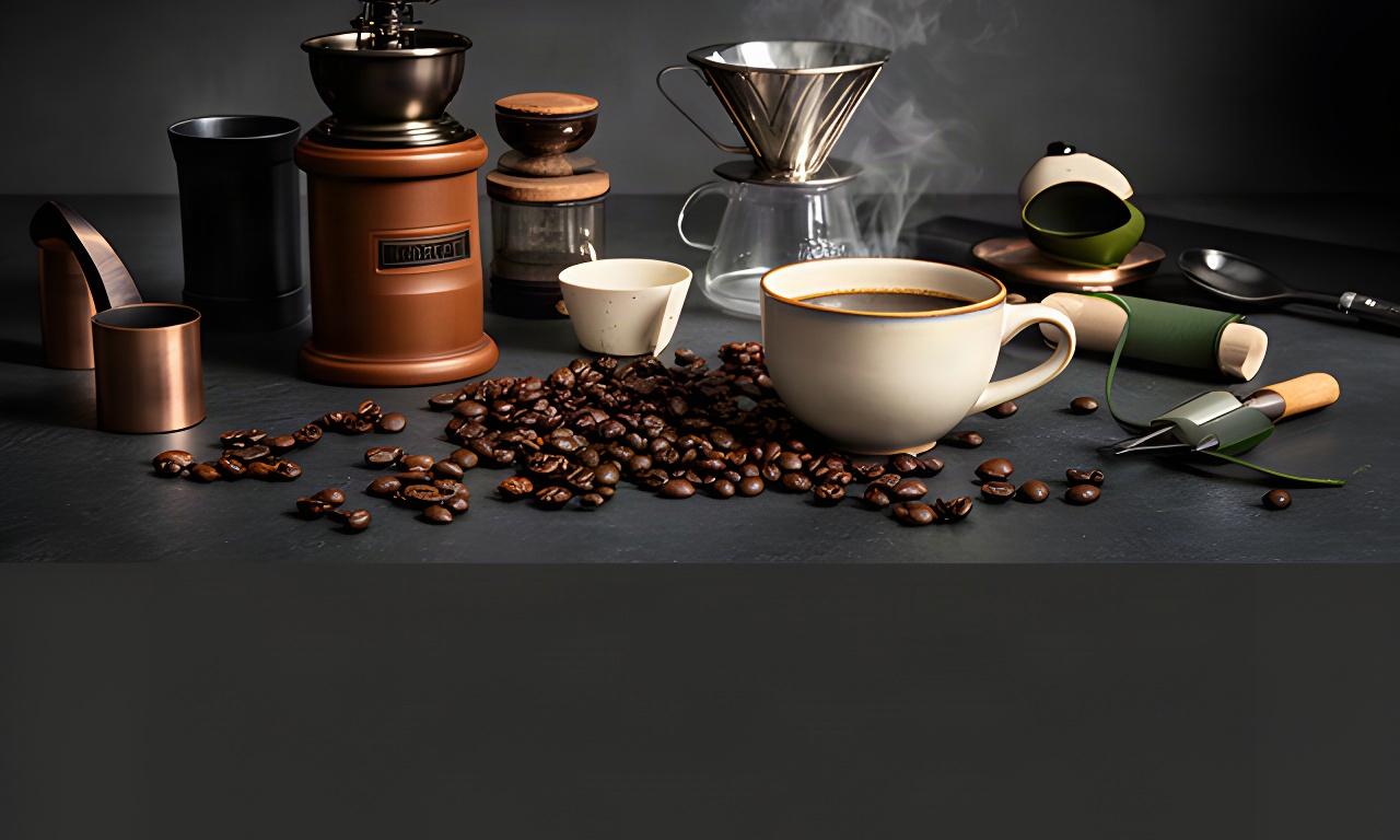Kaffeezubehör auf einer dunklen Arbeitsfläche mit Handmühle, Filterhalter und frisch gebrühtem Kaffee