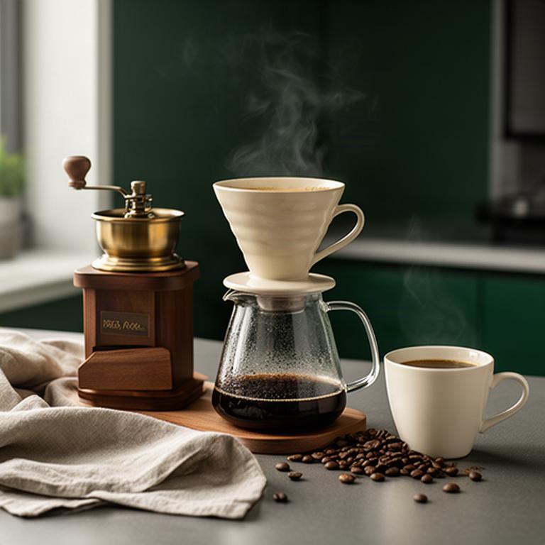 Kaffeestation mit Handmühle, Filterhalter und frisch aufgegossenem Kaffee in einer ruhigen Küche