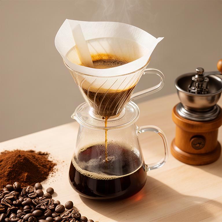 Handfilter mit Papierfilter und Kaffeekanne neben frisch gemahlenen Bohnen