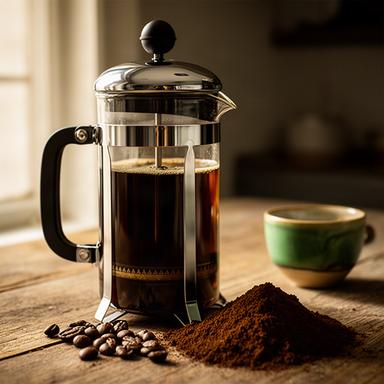 French Press mit dunklem Kaffee und grob gemahlenen Bohnen auf einem Holztisch